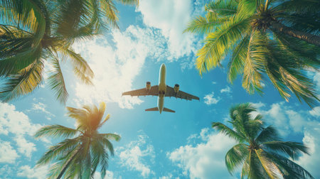 Blue sky with coconut trees, The airplane is going to the tropical sea beach. for sightseeing and relaxing in the summer holidays.の素材