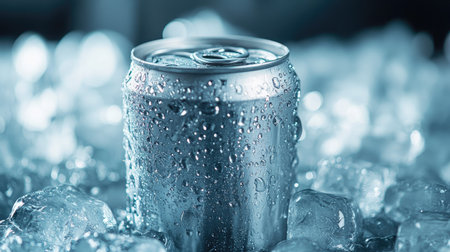 Can of cold beverage resting on ice cubes, water droplets visible, creating a cool and refreshing visual.の素材