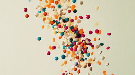 A cascade of colorful pills, in various shapes and sizes, falling onto a light grey backdrop, forming a vibrant display.の素材