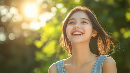 Cheerful Asian girl in a denim dress, smiling brightly and enjoying a sunny day outdoors.の素材