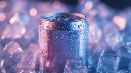 Can of cold beverage on a bed of ice cubes, water droplets visible, evoking a sense of cool refreshment.の素材