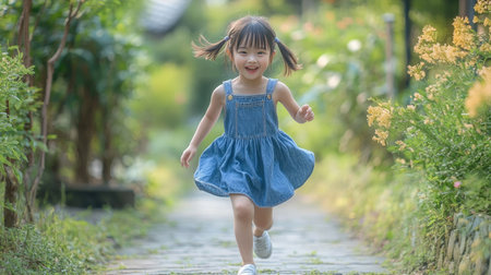 Cheerful Asian girl in a denim dress, skipping down a path, full of joy and energy.の素材
