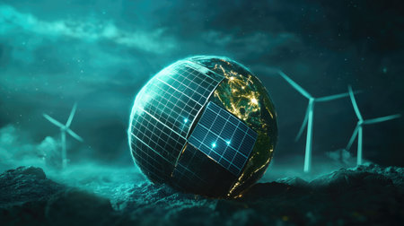 Abstract 3D globe with solar panels and wind turbines, symbolizing renewable power sources.の素材