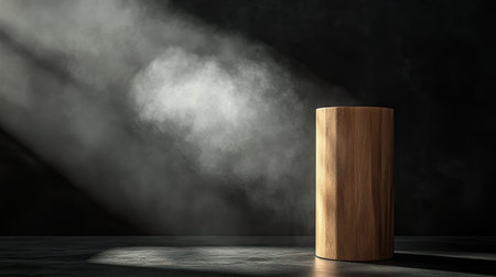 Cylindrical wooden stand, empty, on a dark abstract wall, with rising smoke and a spotlight creating a striking effect.の素材