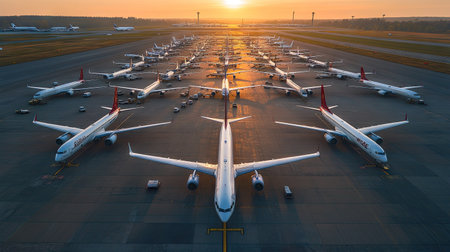 Commercial airplane parking at the airport are stopped effect by covid-19 pandemic around the world economic down crisis, Airplanes are parking at maintenance area because of COVID-19 travel alert -の素材