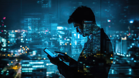 Double exposure of businessman using smart phone at office with city night background, network connection concept -の素材