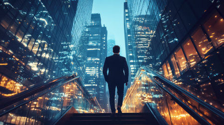 Businessman climbed the stairs, double exposure with New York office buildings at night. Concept of business achievement, goal and leadership -の素材