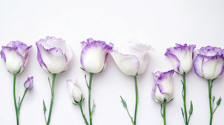 Elegant row of white and purple eustoma flowers on a white background, with petals artistically intertwined. -の素材