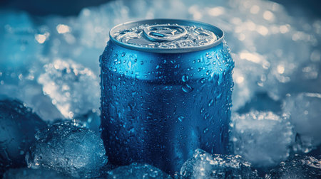 Can of cold drink nestled in a bed of ice cubes, water droplets glistening, creating a cool and refreshing scene.の素材