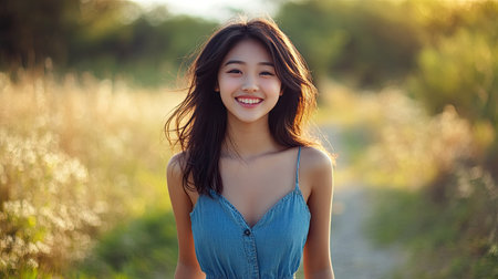 Cheerful Asian girl in a denim dress, walking along a path, looking happy and carefree.の素材