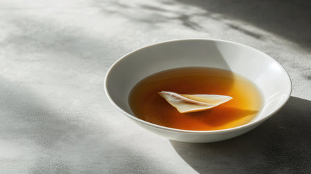 Braised shark fin soup served in a minimalist dish, the clear broth and fins highlighted on a grey background. -の素材
