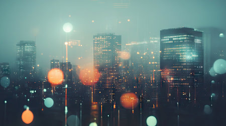 Double exposure of modern cityscape and electric circuit. -の素材