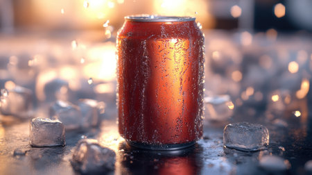 Chilled can of soda surrounded by ice cubes, with cold condensation, evoking a refreshing and cool atmosphere.の素材