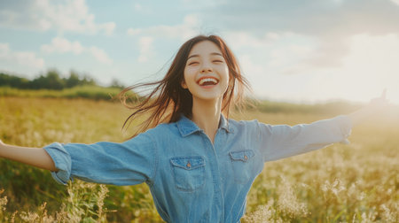 Cheerful Asian girl in a denim dress, dancing in a meadow, full of happiness.の素材