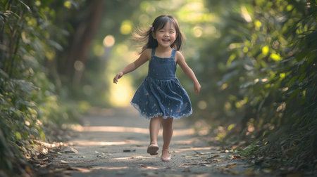 Cheerful Asian girl in a denim dress, skipping down a path, full of joy and energy.の素材