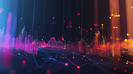 Colorful abstract 3D financial graph with intersecting lines and bars against a dark backdrop. -の素材