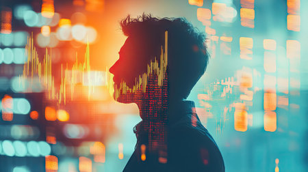 Double exposure businessman and stock market or forex graph suitable for financial investment concept. Economy trends background for business idea and all art work design. Abstract finance background.の素材