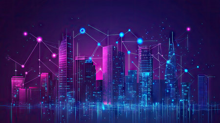 City scape and network icon connection conceptの素材