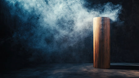 Cylindrical wooden display stand on a dark abstract wall, with rising smoke and spotlight creating a moody ambiance. -の素材