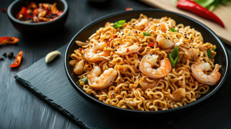 Delicious instant noodles with a spicy seafood stir fry and spices, presented on a black stone slate with a wooden board background, flat lay style.の素材