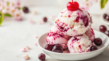 Delicious stack of ice cream scoops with a cherry on top, on a white caf table. -の素材