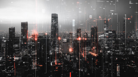 Forex graph on city view with skyscrapers background multi exposure. Financial analysis concept.の素材