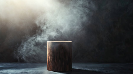 Empty wooden cylinder display stand, set against a dark abstract wall, with rising smoke and spotlight for dramatic lighting.の素材
