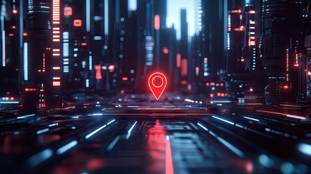 Futuristic cityscape with a red map pin on an advanced, glowing roadway. -の素材