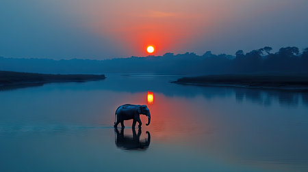 Elephant walking through an Indian lake at dusk, the tranquil water reflecting the colors of the setting sun. -の素材
