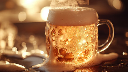 Golden beer in a mug, under warm, soft light, with a frothy head that looks irresistibly inviting.の素材