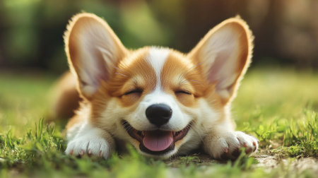 Happy little Pembroke Welsh Corgi puppy lying down in a green clearing, smiling contentedly. -の素材