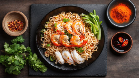 Flat lay of instant noodles topped with spicy stir-fried seafood, garnished with various spices, set on a black stone slate with a wooden board background.の素材