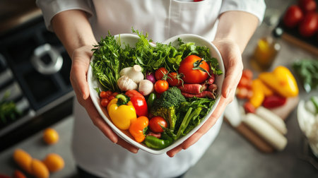 Hand of a nutritionist presenting a heart-shaped plate of healthy, fresh veggies. -の素材