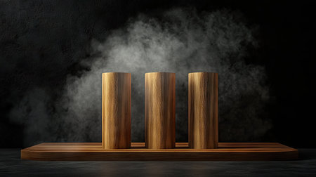 Empty wooden cylinder display stand on a dark abstract wall, with rising smoke and a spotlight highlighting its elegance.の素材