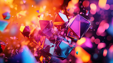 Energetic 3D design with colorful, shifting polygonal shapes creating a lively atmosphere.の素材