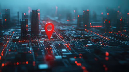 Futuristic cityscape with a red map pin on an advanced, glowing roadway. -の素材