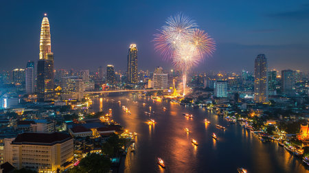 Firework display cityscape of Thai new year in Bangkok city at night, Thailand, Loy Krathong Festivalの素材
