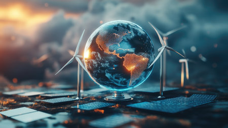 Futuristic 3D globe with solar panels and wind turbines, highlighting sustainable power.の素材