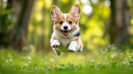 Happy little Pembroke Welsh Corgi puppy jumping in a green clearing, mid-air with ears perked up.の素材