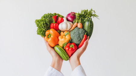 Fresh veggies in a heart-shaped dish held by a nutritionist's hand against a white background.の素材