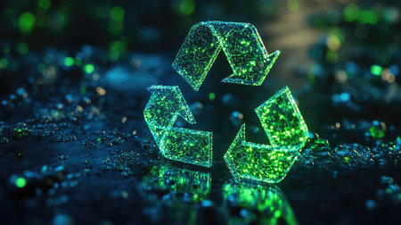 Glowing 3D recycling symbol with green elements, promoting eco-consciousness and recycling.の素材