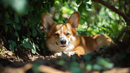Happy little Pembroke Welsh Corgi puppy resting in a shady spot in a green clearing, looking peaceful.の素材