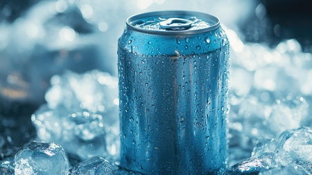 Frosty can of cold drink among ice cubes, condensation enhancing its chilled and refreshing look.の素材