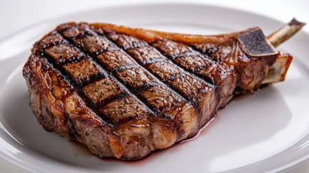Grilled beef steak with bone, isolated on a white plate and background. The steak's deep, smoky char marks add visual interest.の素材