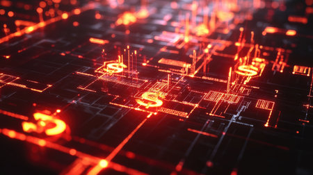 Glowing 3D financial network with interconnected currency symbols and a futuristic design.の素材
