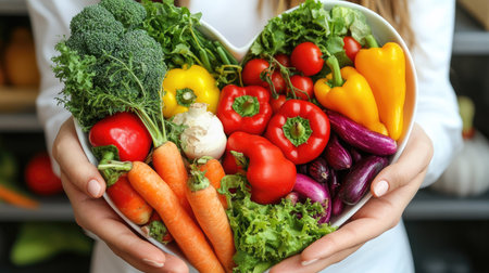 Hand of a nutritionist presenting a heart-shaped plate of healthy, fresh veggies. -の素材