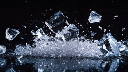 Ice, crushed on black background. Shards of crushed ice spreading away. The explosion of ice.の素材