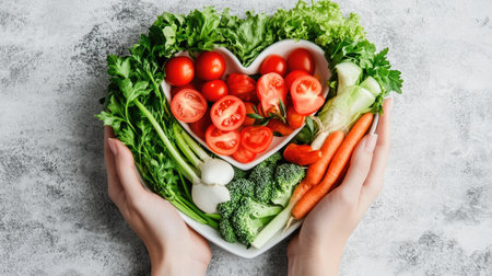 Hand of a nutritionist presenting a heart-shaped plate of healthy, fresh veggies. -の素材