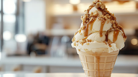 Ice cream tower with caramel and nuts, against a bright white caf interior.の素材