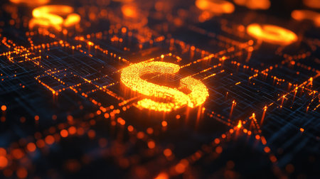 Glowing 3D financial network with interconnected dollar and euro symbols, creating a vibrant web.の素材